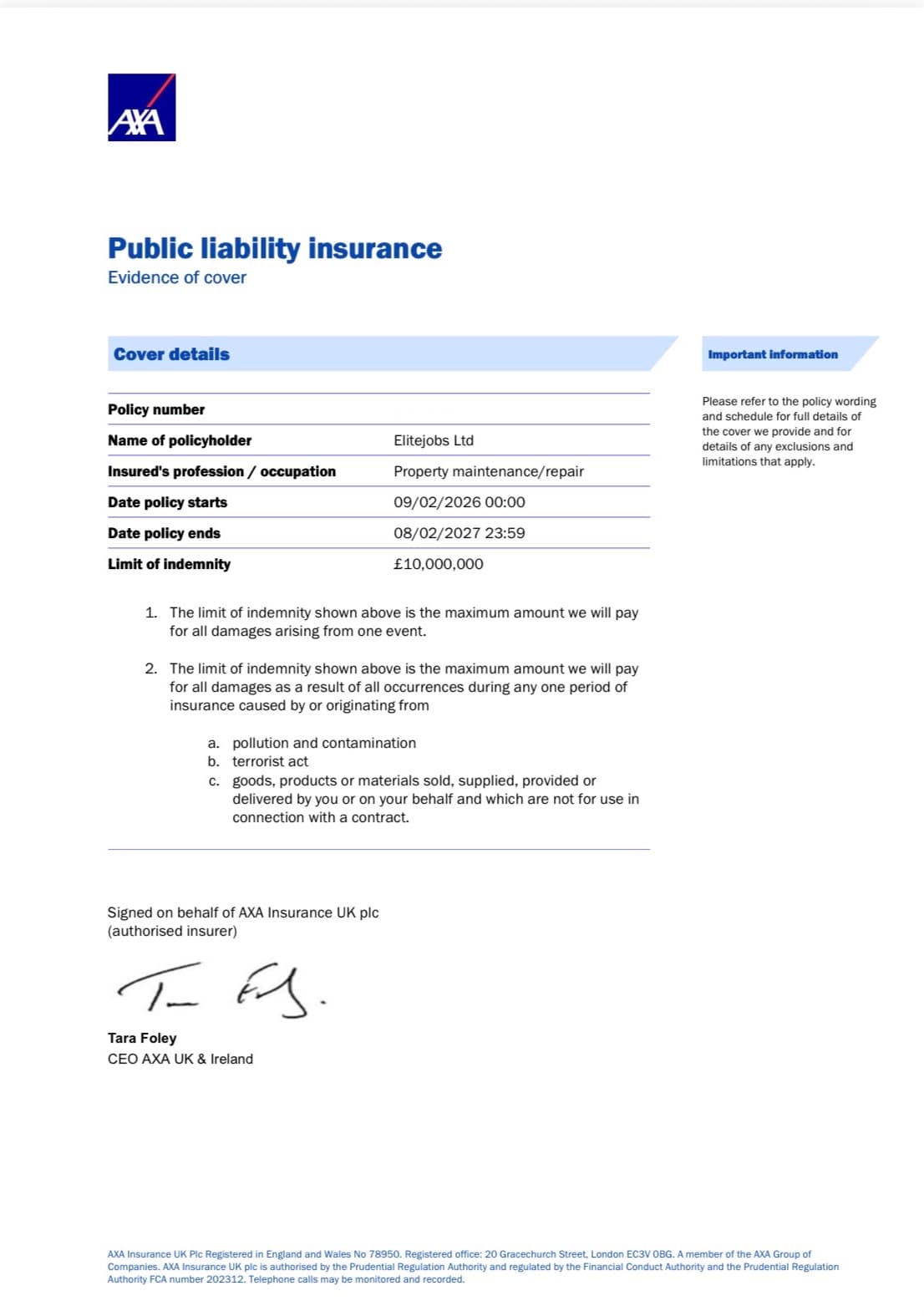AXA Public Liability Insurance certificate, Elitejobs Ltd, £10,000,000 limit of indemnity